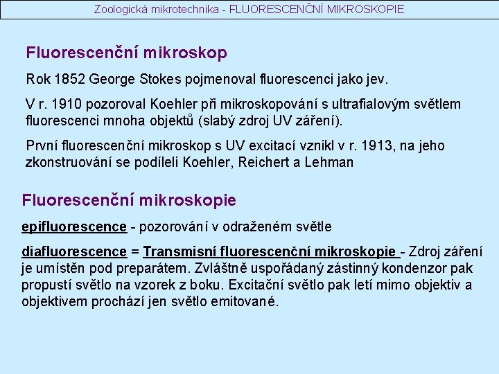 Zoologická mikrotechnika - FLUORESCENČNÍ MIKROSKOPIE Fluorescenční mikroskop Rok 1852 George Stokes pojmenoval fluorescenci jako