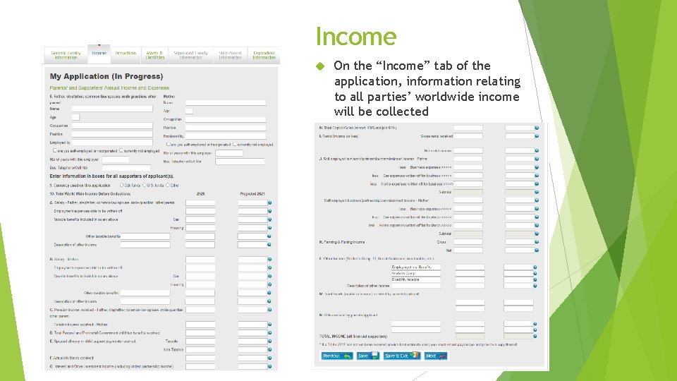 Income On the “Income” tab of the application, information relating to all parties’ worldwide Income On the “Income” tab of the application, information relating to all parties’ worldwide