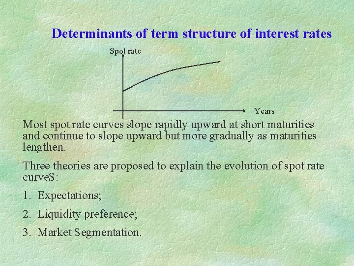 Determinants of term structure of interest rates Spot rate Years Most spot rate curves