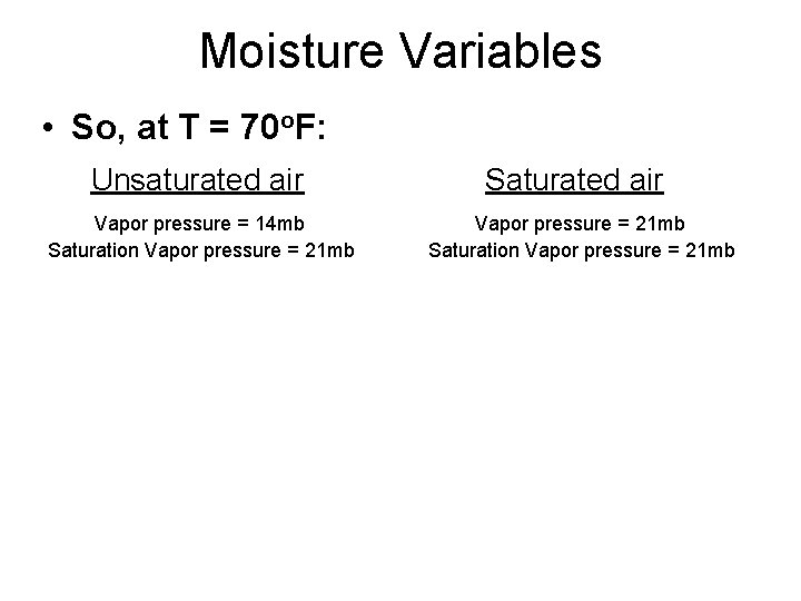 Moisture Variables • So, at T = 70 o. F: Unsaturated air Vapor pressure