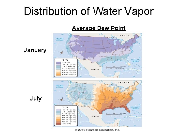 Distribution of Water Vapor Average Dew Point January July 