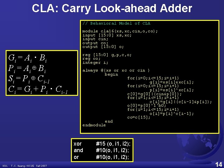 CLA: Carry Look-ahead Adder // Behavioral Model of CLA module cla 16(xs, xc, cin,