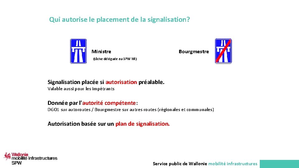 Qui autorise le placement de la signalisation? Ministre Bourgmestre (tâche déléguée au SPW MI)