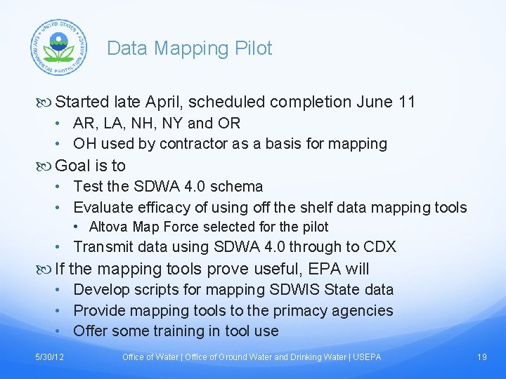 Data Mapping Pilot Started late April, scheduled completion June 11 • AR, LA, NH,