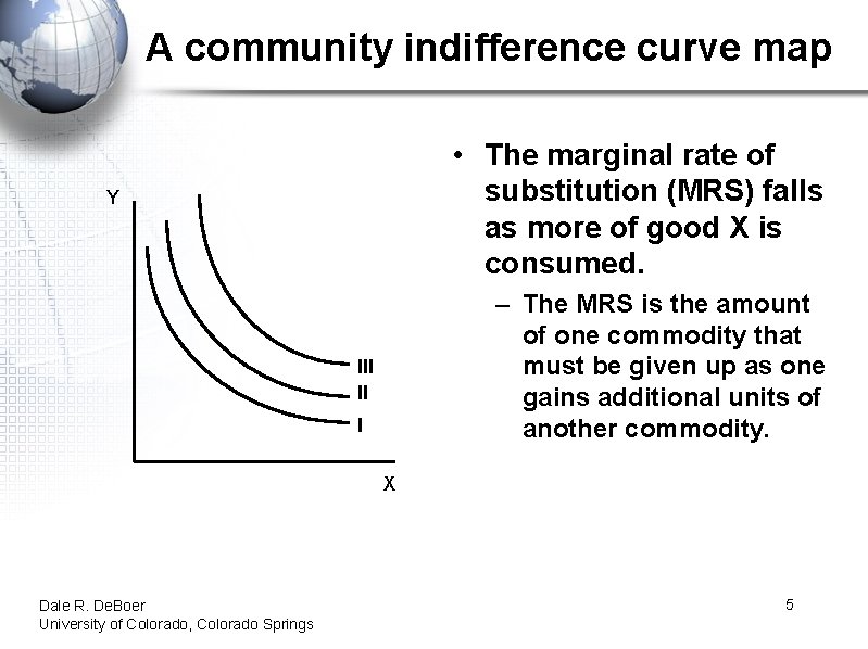 A community indifference curve map • The marginal rate of substitution (MRS) falls as
