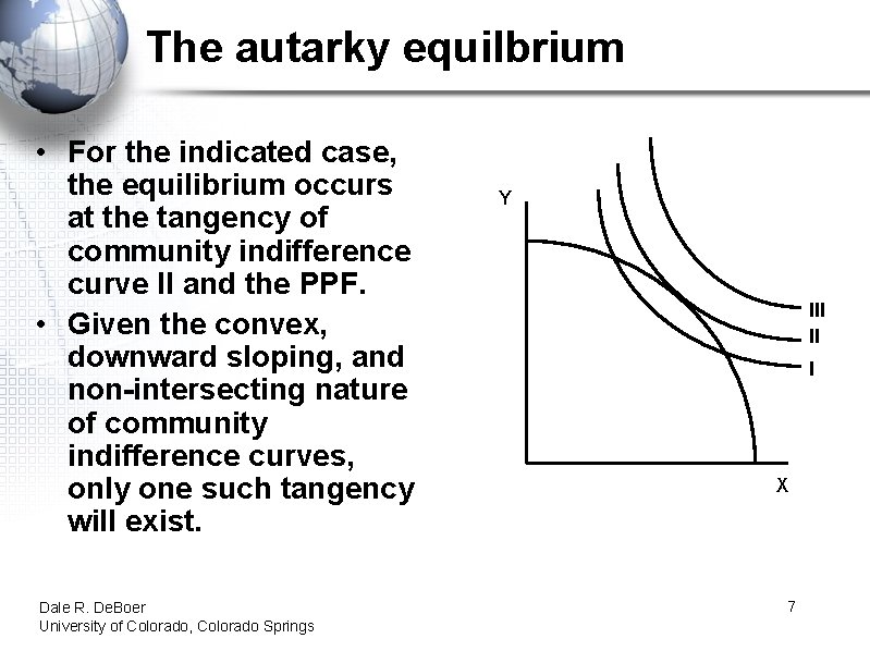 The autarky equilbrium • For the indicated case, the equilibrium occurs at the tangency