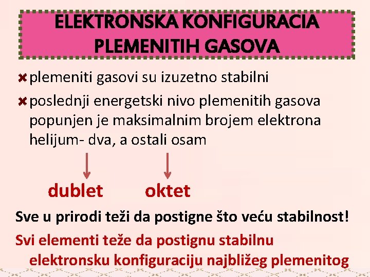 ELEKTRONSKA KONFIGURACIA PLEMENITIH GASOVA plemeniti gasovi su izuzetno stabilni poslednji energetski nivo plemenitih gasova