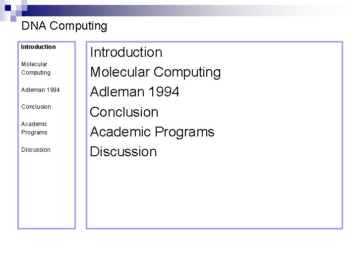 DNA Computing Introduction Molecular Computing Adleman 1994 Conclusion Academic Programs Discussion 