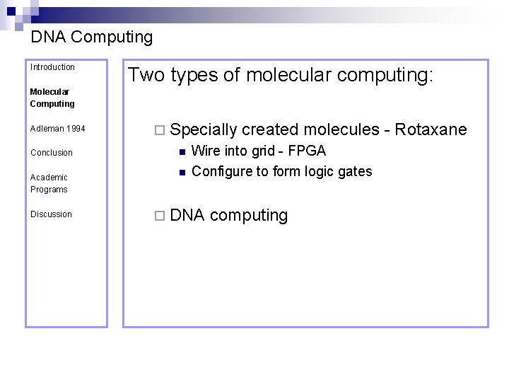 DNA Computing Introduction Two types of molecular computing: Molecular Computing Adleman 1994 Conclusion Academic