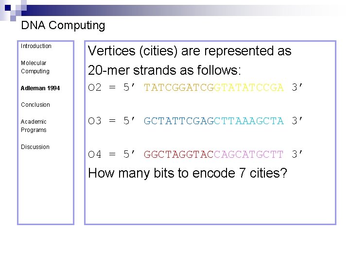 DNA Computing Introduction Molecular Computing Adleman 1994 Vertices (cities) are represented as 20 -mer