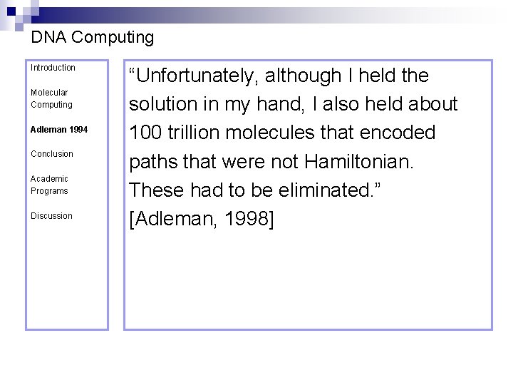 DNA Computing Introduction Molecular Computing Adleman 1994 Conclusion Academic Programs Discussion “Unfortunately, although I