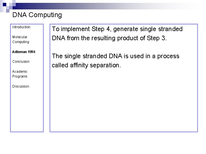 DNA Computing Introduction Molecular Computing Adleman 1994 Conclusion Academic Programs Discussion To implement Step