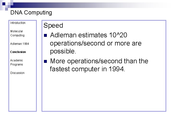 DNA Computing Introduction Molecular Computing Adleman 1994 Conclusion Academic Programs Discussion Speed n Adleman