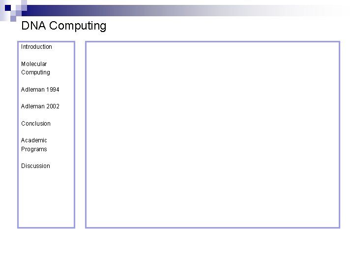 DNA Computing Introduction Molecular Computing Adleman 1994 Adleman 2002 Conclusion Academic Programs Discussion 