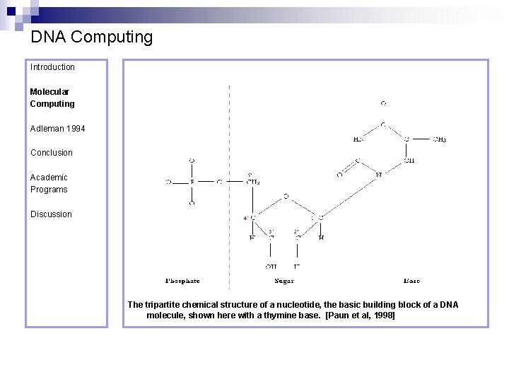 DNA Computing Introduction Molecular Computing Adleman 1994 Conclusion Academic Programs Discussion The tripartite chemical