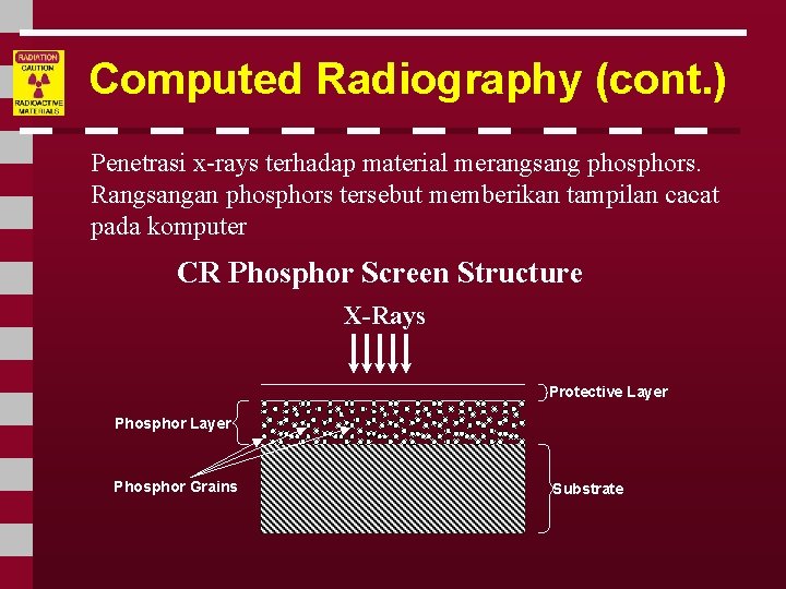 Computed Radiography (cont. ) Penetrasi x-rays terhadap material merangsang phosphors. Rangsangan phosphors tersebut memberikan