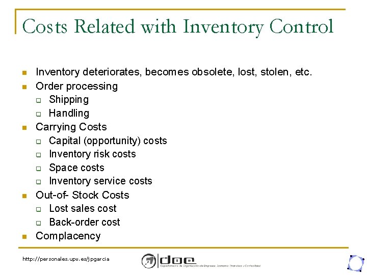 Costs Related with Inventory Control n n n Inventory deteriorates, becomes obsolete, lost, stolen,