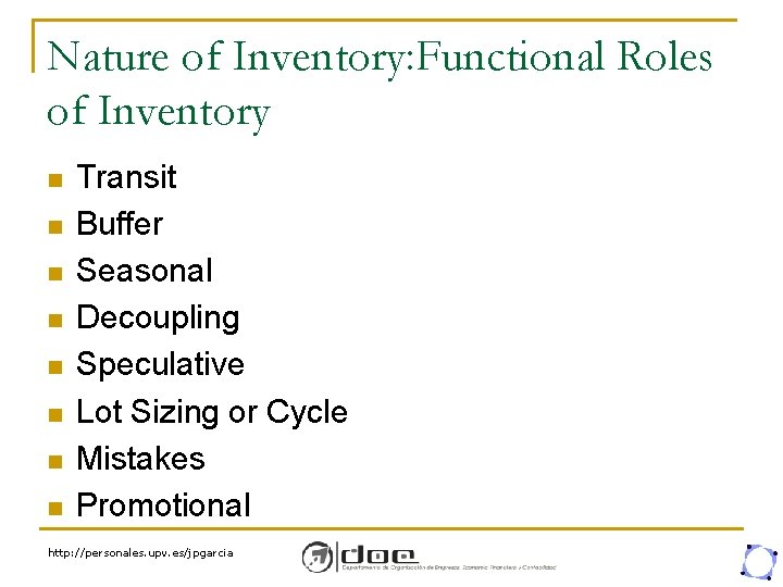 Nature of Inventory: Functional Roles of Inventory n n n n Transit Buffer Seasonal