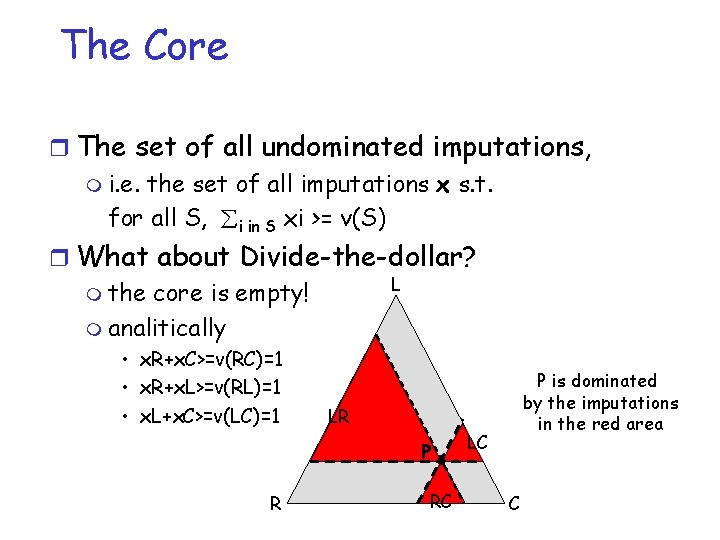 The Core r The set of all undominated imputations, m i. e. the set