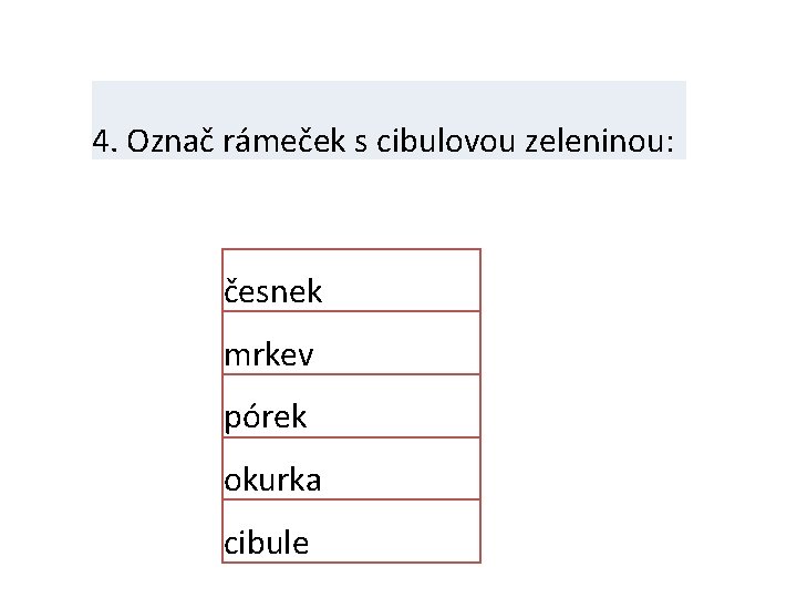 4. Označ rámeček s cibulovou zeleninou: česnek mrkev pórek okurka cibule 