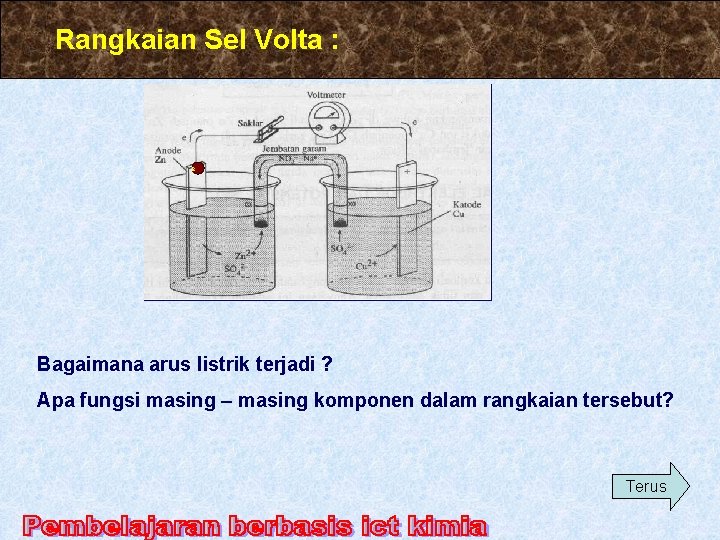 Rangkaian Sel Volta : e Bagaimana arus listrik terjadi ? Apa fungsi masing –