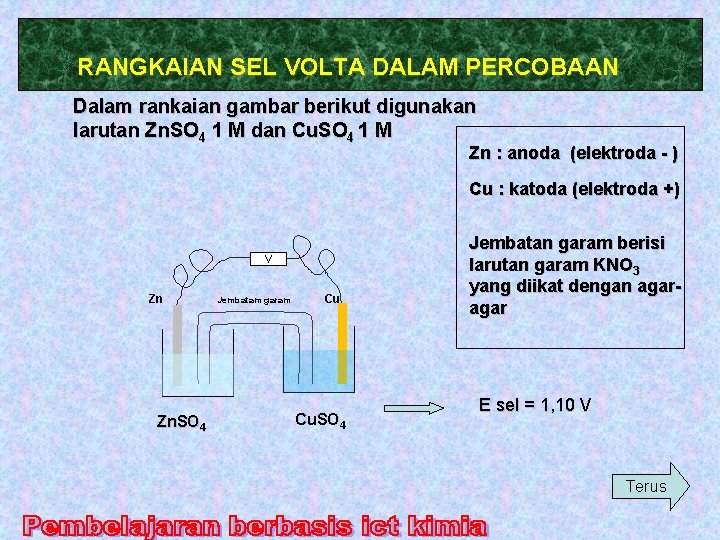 RANGKAIAN SEL VOLTA DALAM PERCOBAAN Dalam rankaian gambar berikut digunakan larutan Zn. SO 4