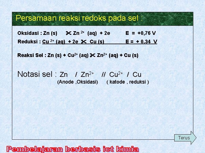 Persamaan reaksi redoks pada sel : Oksidasi : Zn (s) Zn 2+ (aq) +