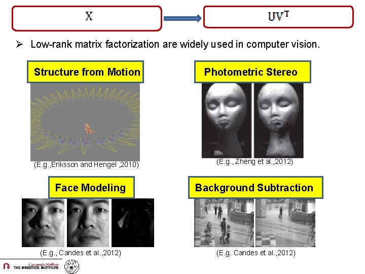 Ø Low-rank matrix factorization are widely used in computer vision. Structure from Motion (E.