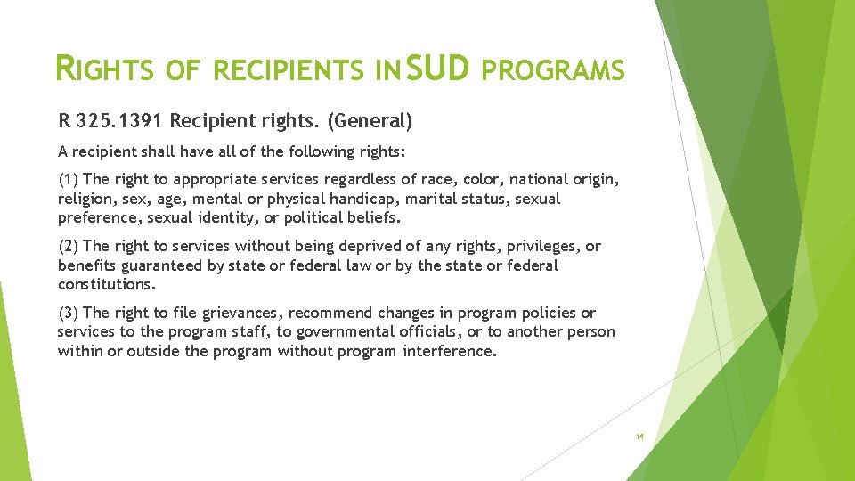 RIGHTS OF RECIPIENTS IN SUD PROGRAMS R 325. 1391 Recipient rights. (General) A recipient