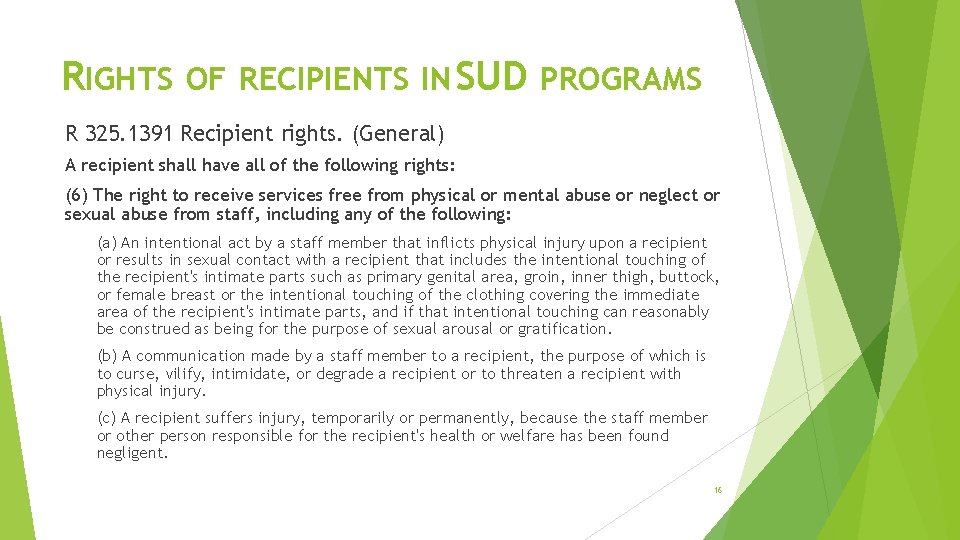 RIGHTS OF RECIPIENTS IN SUD PROGRAMS R 325. 1391 Recipient rights. (General) A recipient