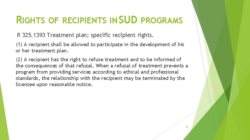 RIGHTS OF RECIPIENTS IN SUD PROGRAMS R 325. 1393 Treatment plan; specific recipient rights.