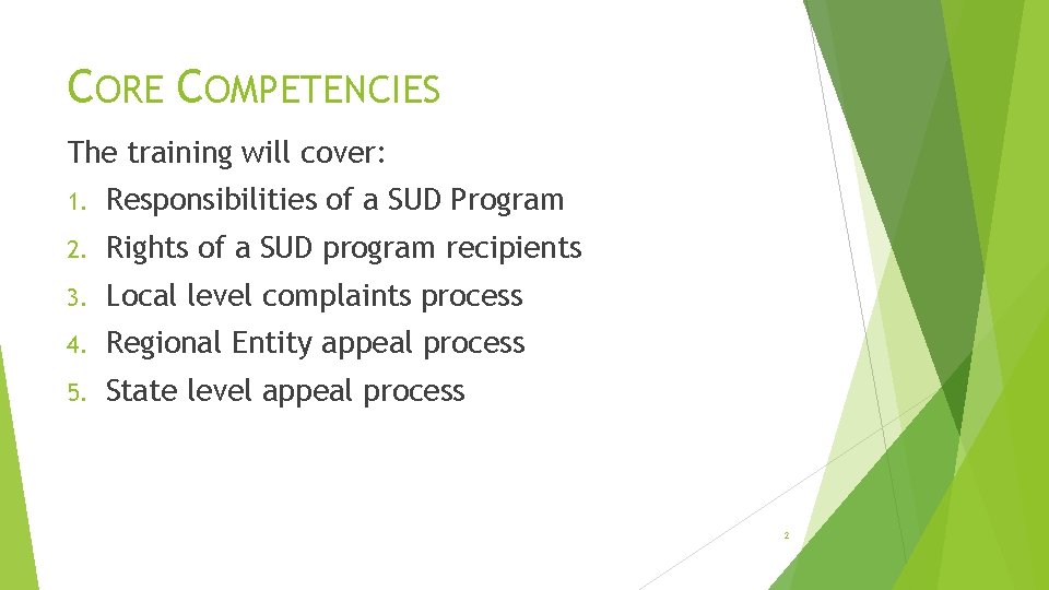 CORE COMPETENCIES The training will cover: 1. Responsibilities of a SUD Program 2. Rights