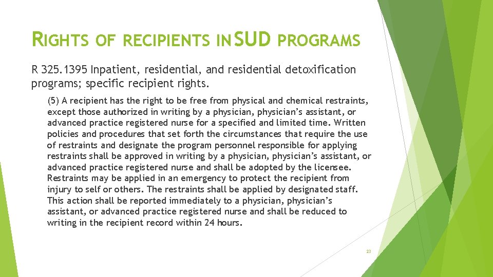 RIGHTS OF RECIPIENTS IN SUD PROGRAMS R 325. 1395 Inpatient, residential, and residential detoxification