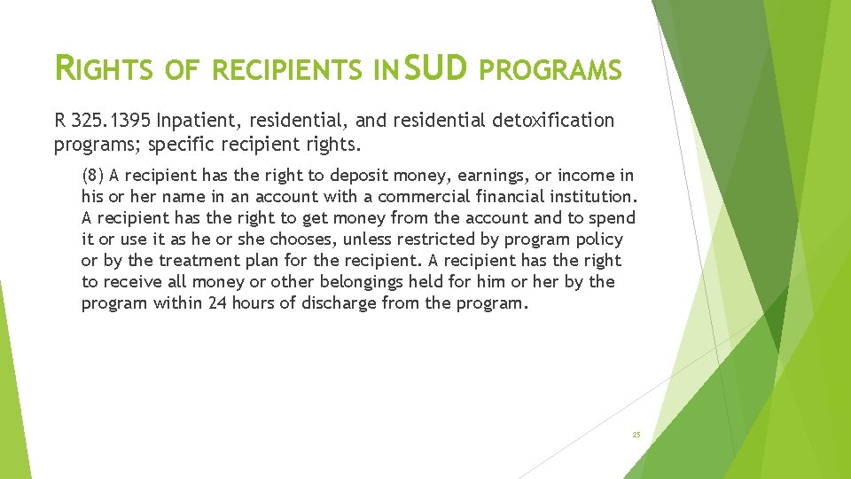 RIGHTS OF RECIPIENTS IN SUD PROGRAMS R 325. 1395 Inpatient, residential, and residential detoxification
