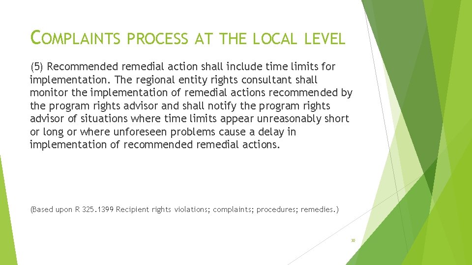COMPLAINTS PROCESS AT THE LOCAL LEVEL (5) Recommended remedial action shall include time limits