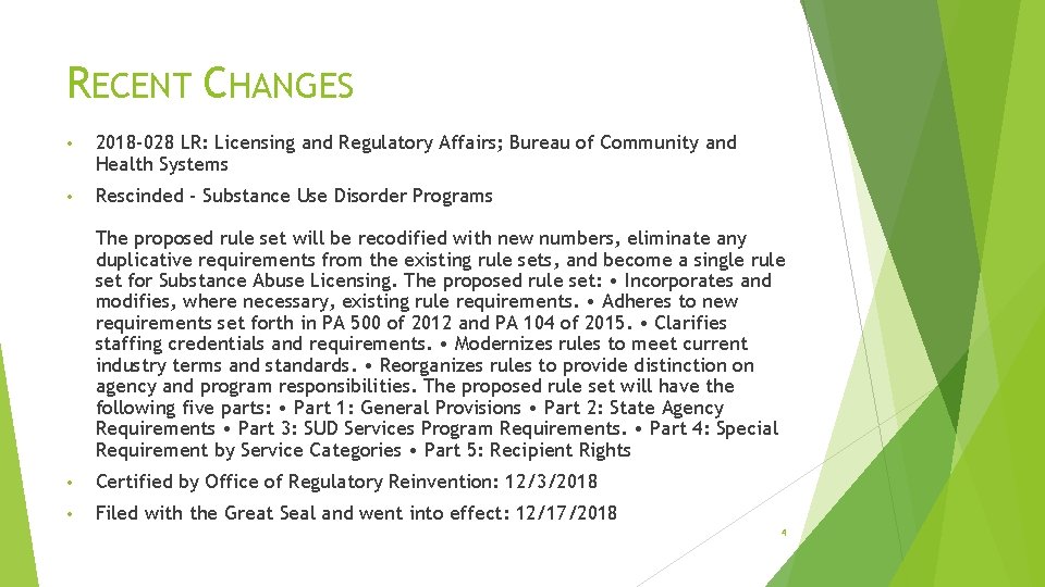 RECENT CHANGES • 2018 -028 LR: Licensing and Regulatory Affairs; Bureau of Community and
