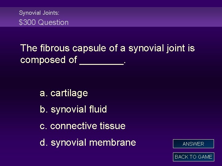 Synovial Joints: $300 Question The fibrous capsule of a synovial joint is composed of