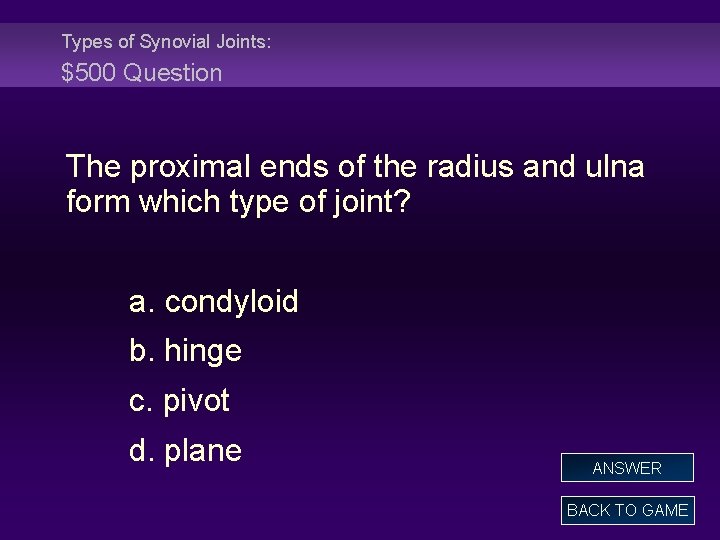 Types of Synovial Joints: $500 Question The proximal ends of the radius and ulna