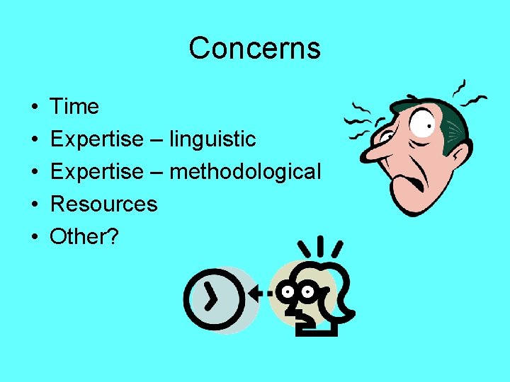 Concerns • • • Time Expertise – linguistic Expertise – methodological Resources Other? 