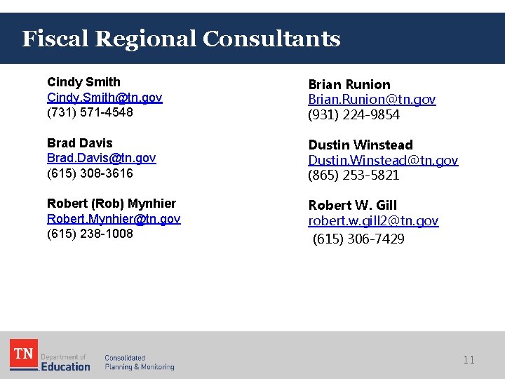 Fiscal Regional Consultants Cindy Smith Cindy. Smith@tn. gov (731) 571 -4548 Brian Runion Brian.