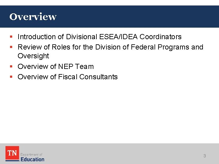 Overview § Introduction of Divisional ESEA/IDEA Coordinators § Review of Roles for the Division