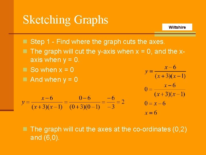 Sketching Graphs Wiltshire n Step 1 - Find where the graph cuts the axes.