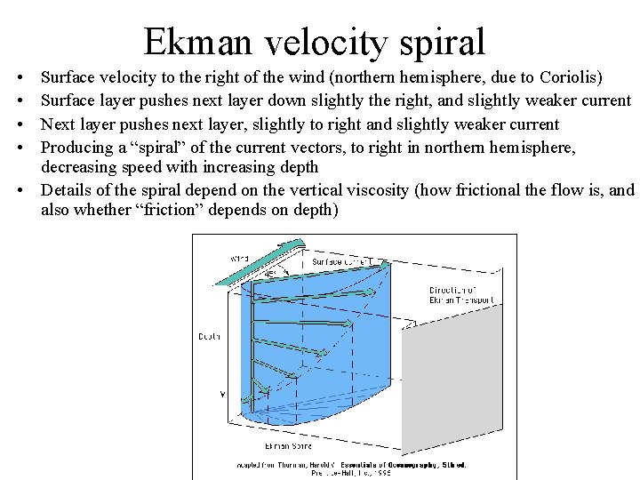 Ekman velocity spiral • • Surface velocity to the right of the wind (northern