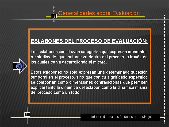 Generalidades sobre Evaluación ESLABONES DEL PROCESO DE EVALUACIÓN: Los eslabones constituyen categorías que expresan
