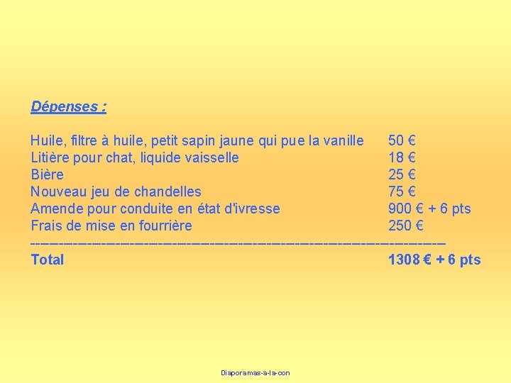 Dépenses : Huile, filtre à huile, petit sapin jaune qui pue la vanille 50