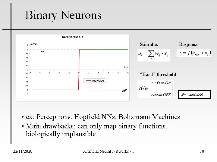 Binary Neurons Stimulus Response on “Hard” threshold off = threshold • ex: Perceptrons, Hopfield