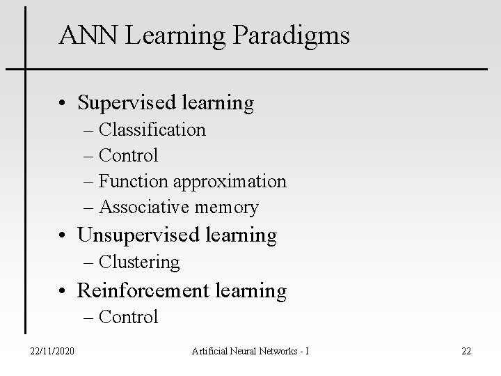 ANN Learning Paradigms • Supervised learning – Classification – Control – Function approximation –