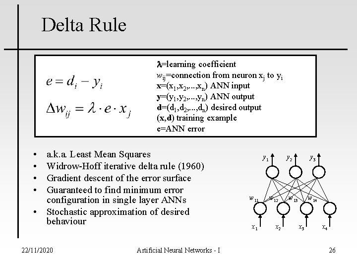 Delta Rule l=learning coefficient wij=connection from neuron xj to yi x=(x 1, x 2,