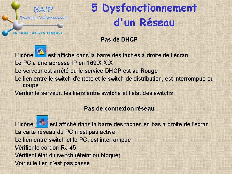 5 Dysfonctionnement d'un Réseau Pas de DHCP L’icône est affiché dans la barre des