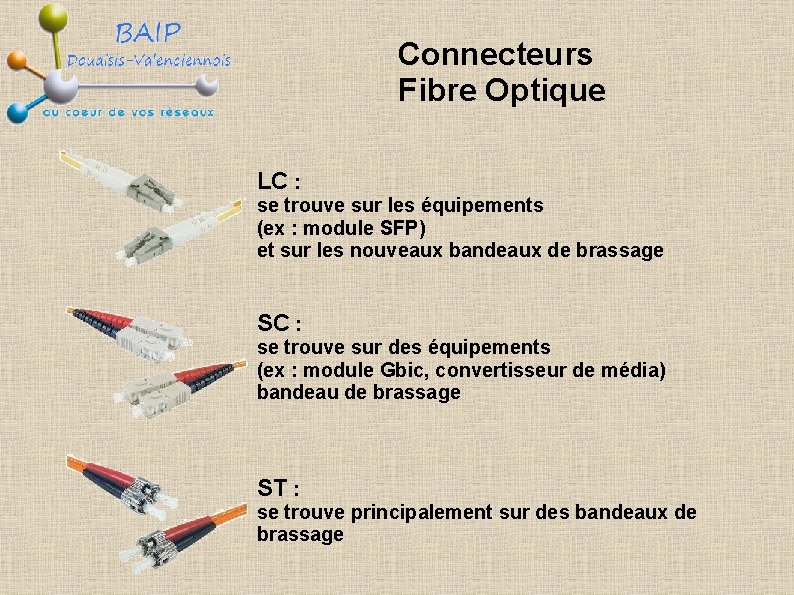 Connecteurs Fibre Optique LC : se trouve sur les équipements (ex : module SFP)
